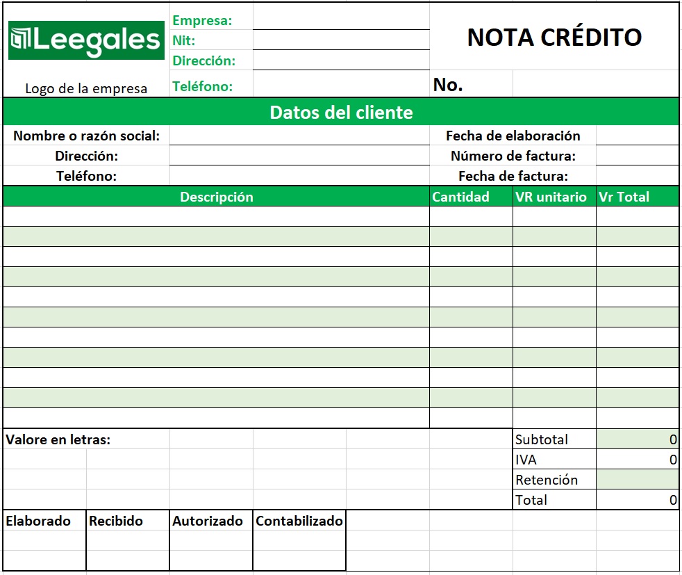 Plantilla nota crédito para imprimir