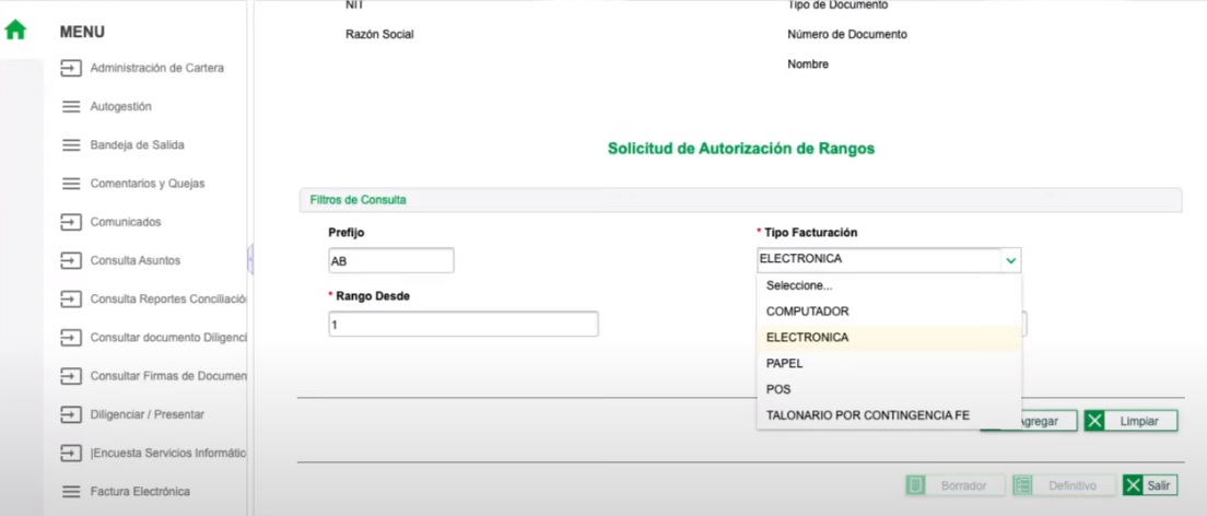 solicitud rangos de facturación dian