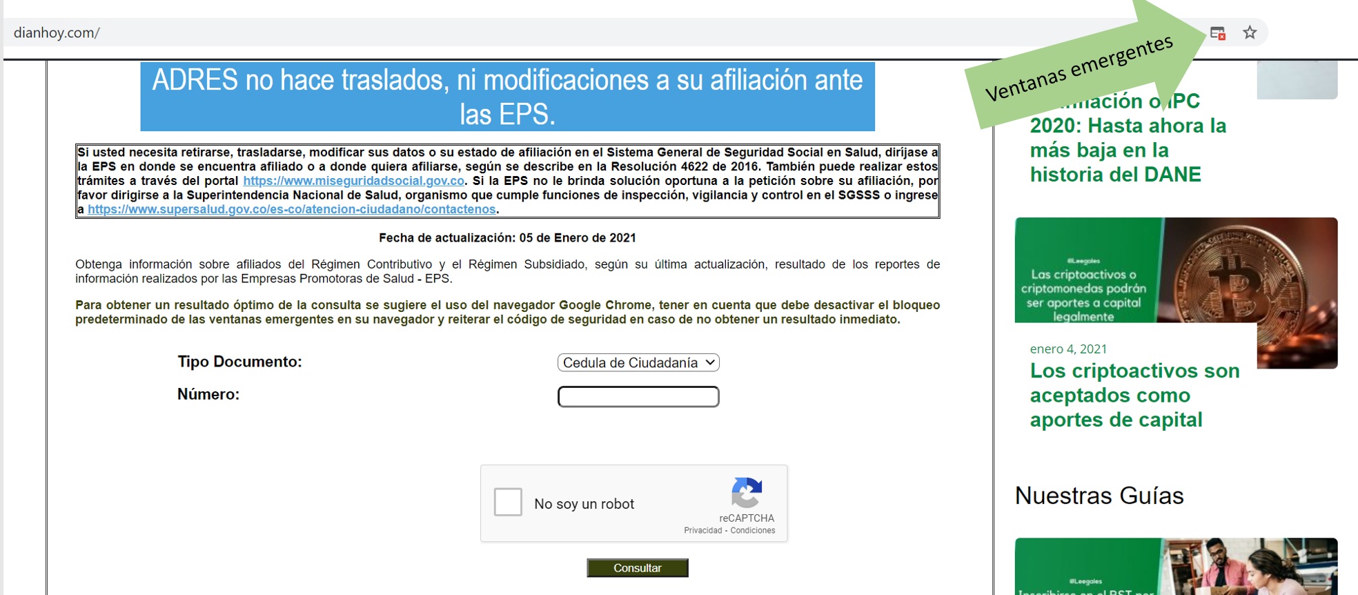 desbloquear ventanas emergentes FOSYGA