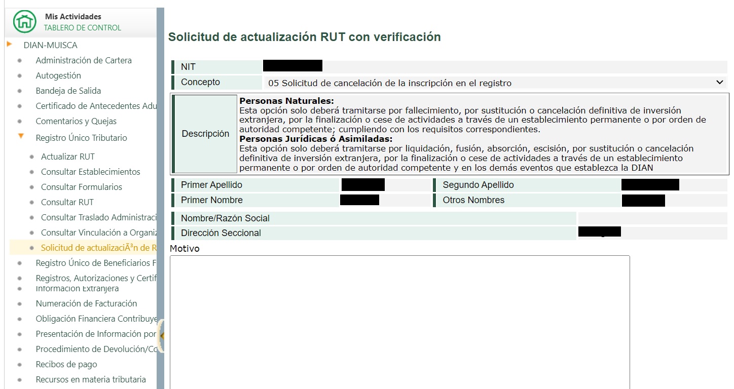Cancelación del Registro Único Tributario (RUT)