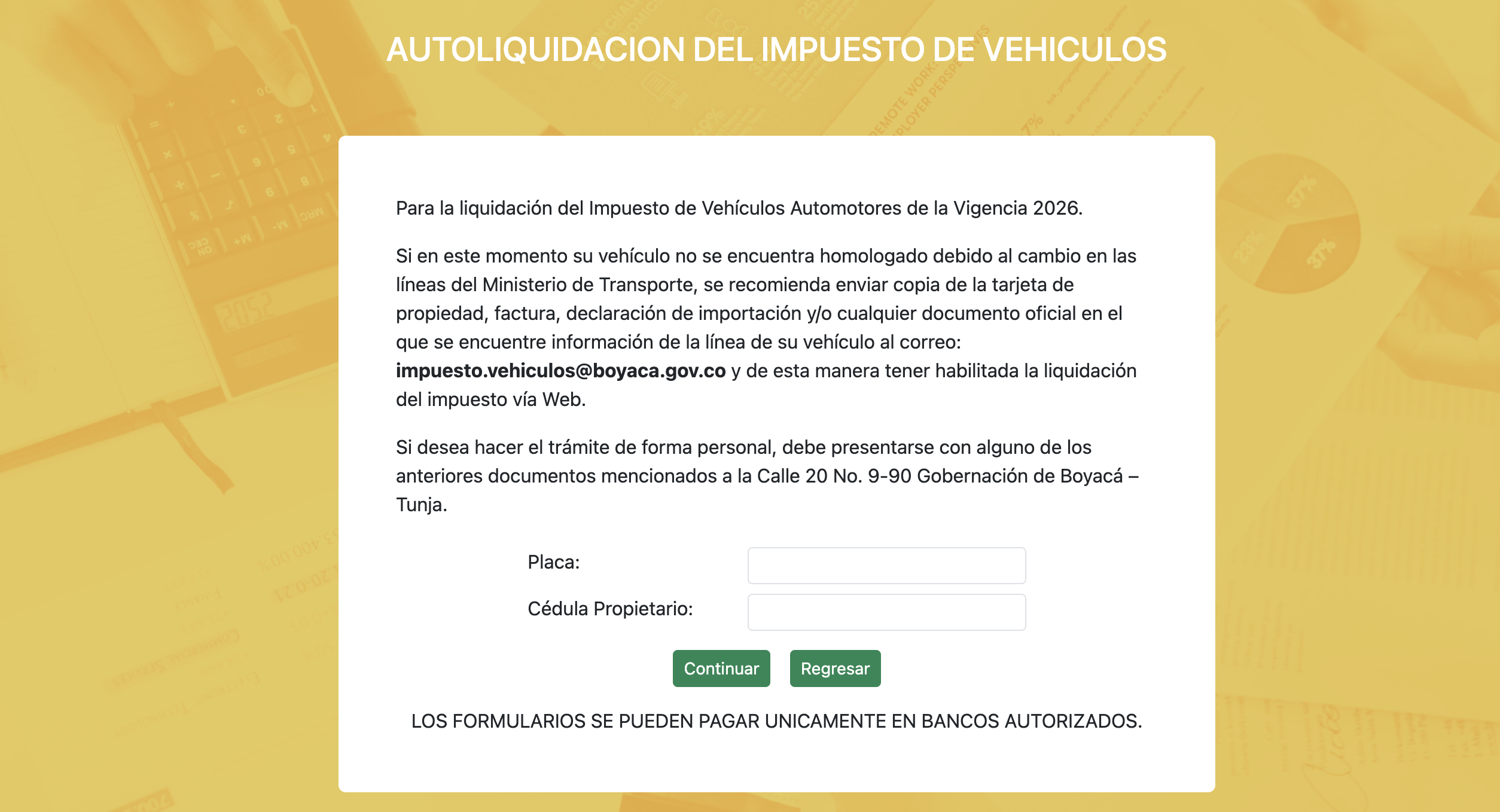 Formulario para liquidar el impuesto de vehículos en Boyacá